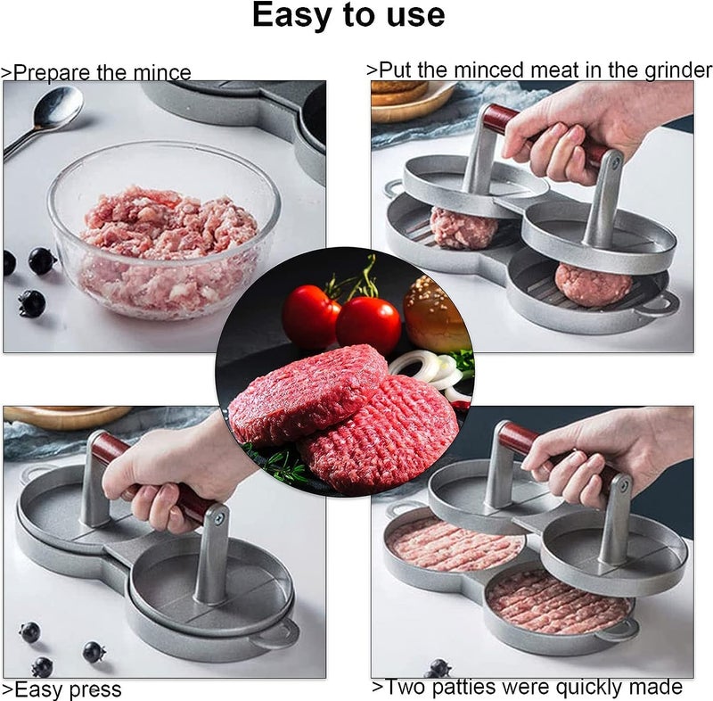 Glowick Kitchen Hamburger Maker Double Burger Hole Hamburger Press Patty Maker Mold Suitable for Hamburger Restaurants, Fast Food Restaurants, West Restaurants, Home, Hotel with Wood Handle (1Pcs) - Image 2