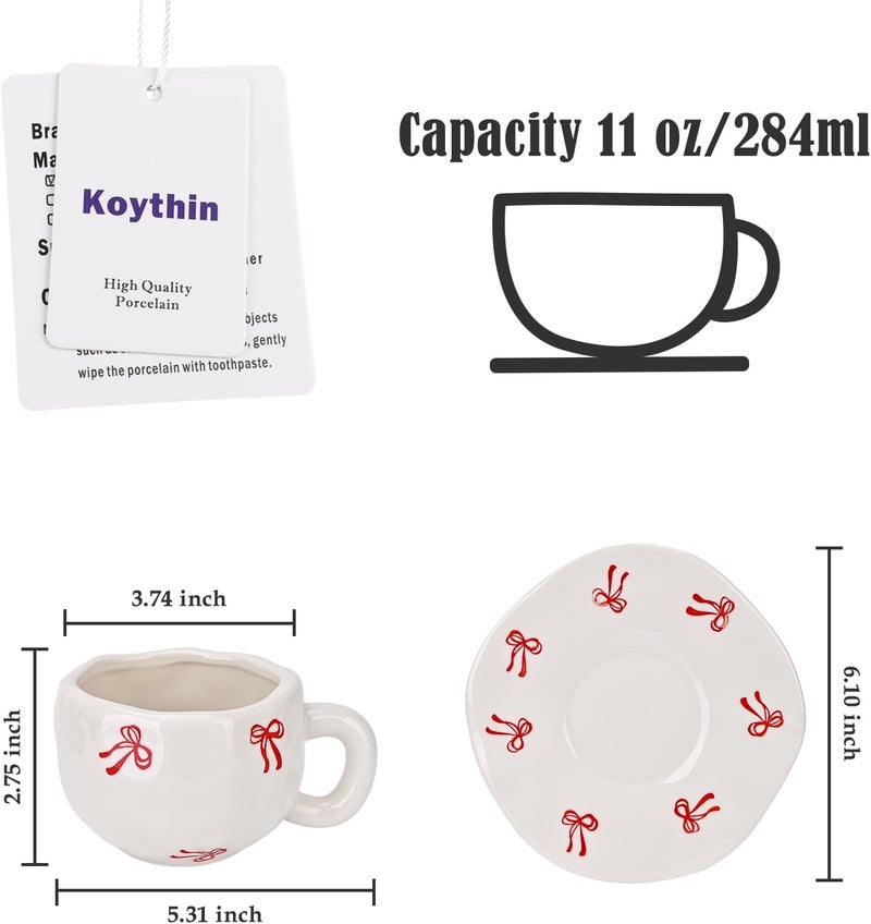 Koythin Ceramic Coffee Mug with Saucer Set Cute Creative Bow Cup Unique Irregular Design for Office and Home 10 oz300 ml for Latte Tea Milk - Image 2