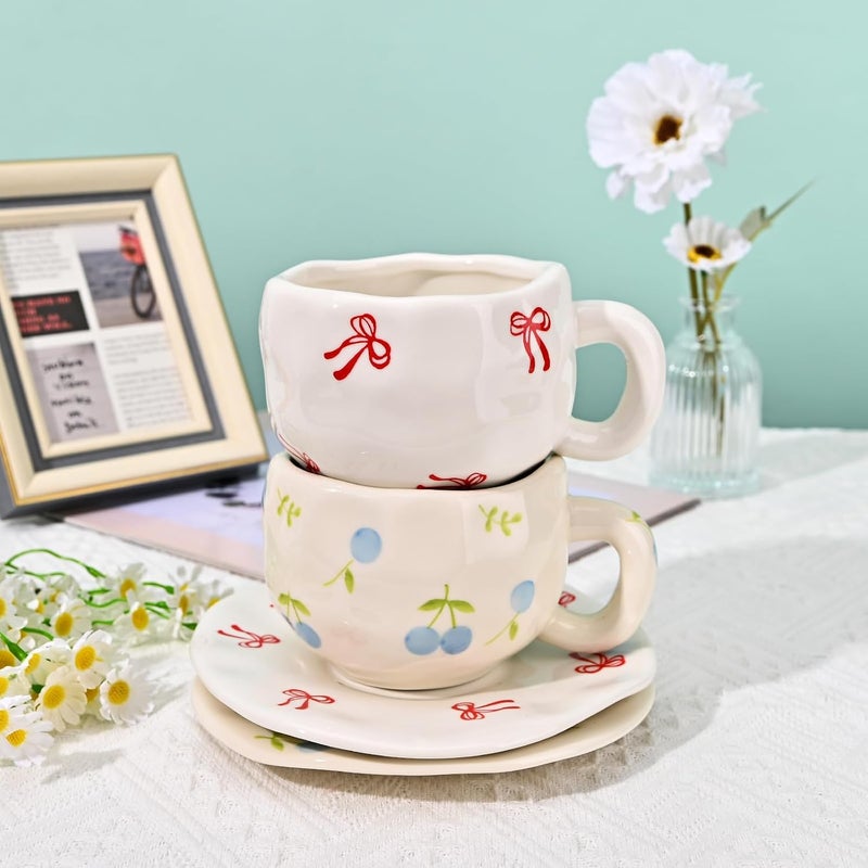 Koythin Ceramic Coffee Mug with Saucer Set Cute Creative Bow Cup Unique Irregular Design for Office and Home 10 oz300 ml for Latte Tea Milk - Image 5
