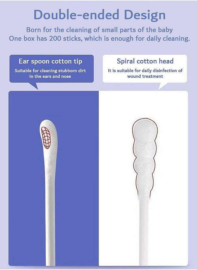 FIRSTAR - 200 Pcs Baby Cotton Swabs, Double-ended Paper Cotton Buds with Ear Scoop and Spiral, for Personal Care and Cleaning - Image 1