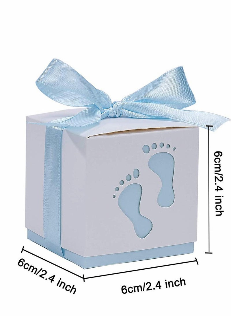 50x Blue Baby Footprints Candy Favor Gift Boxes for Showers, Kids Birthday, Wedding Party - Ribbon Box Included - Image 2