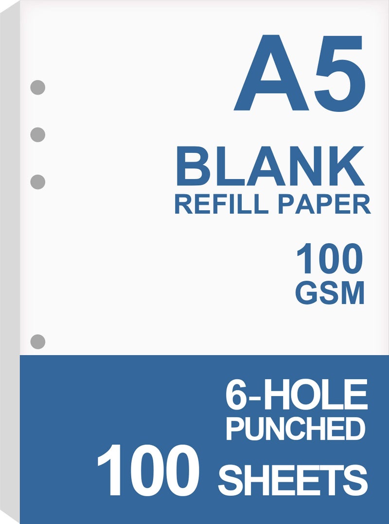 Nokingo A5 Blank Paper, Refills for Filofax Planner, Organizer, Binders, 6 Hole Punched, 100 Sheets/200 Pages, 100gsm, White, 5.8 x 8.2 Inch - Image 1