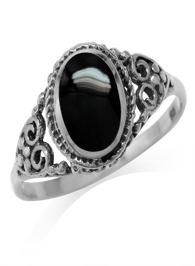 Silvershake Created Black Onyx Inlay 925 Sterling Silver Filigree Victorian Style Ring Size 6 - Image 1