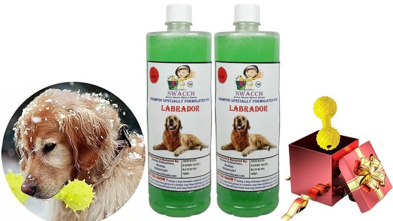 swacch Labrador Dog Shampoo + Dumbbell Toy I Durable Rubber Dog Toy for Chewing I Playing,Teeth Cleaning & Training Toy I Combo Pack I 1 Litre Pack of 2 Neem Alovera - Image 1