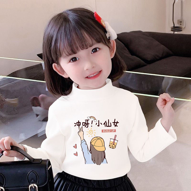 Girls' Semi-High Collar Velvet Casual Long-Sleeved T-Shirt Autumn New Arrival Medium And Large Children'S Wear Cartoon Printed Western Style Girls' Trendy T-Shirt - Image 1