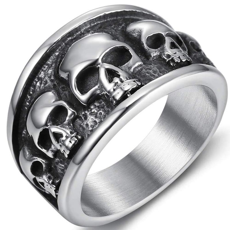 JUDE Retro Vintage Stainless Steel Gothic Death Skull Skeleton Cocktail Party Biker Statement Halloween Ring (Silver, 11) - Image 1
