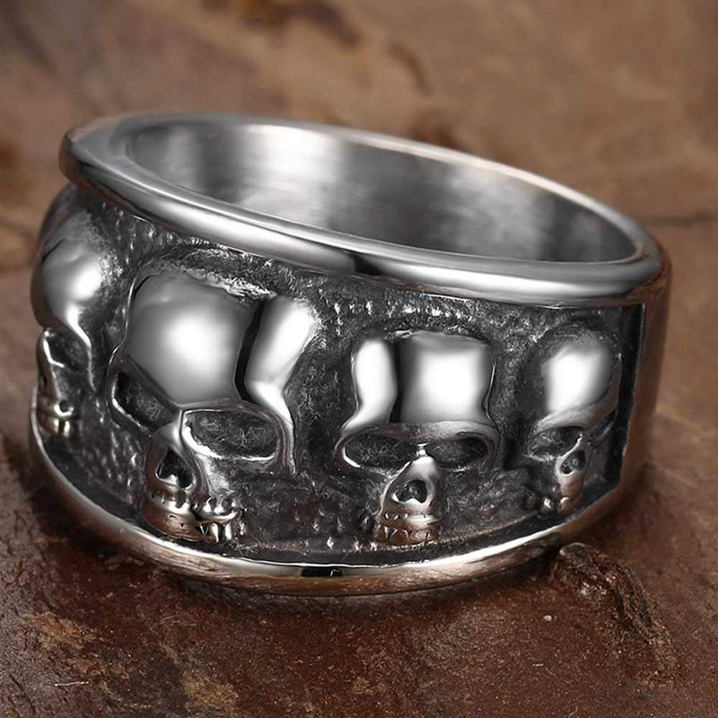 JUDE Retro Vintage Stainless Steel Gothic Death Skull Skeleton Cocktail Party Biker Statement Halloween Ring (Silver, 11) - Image 2