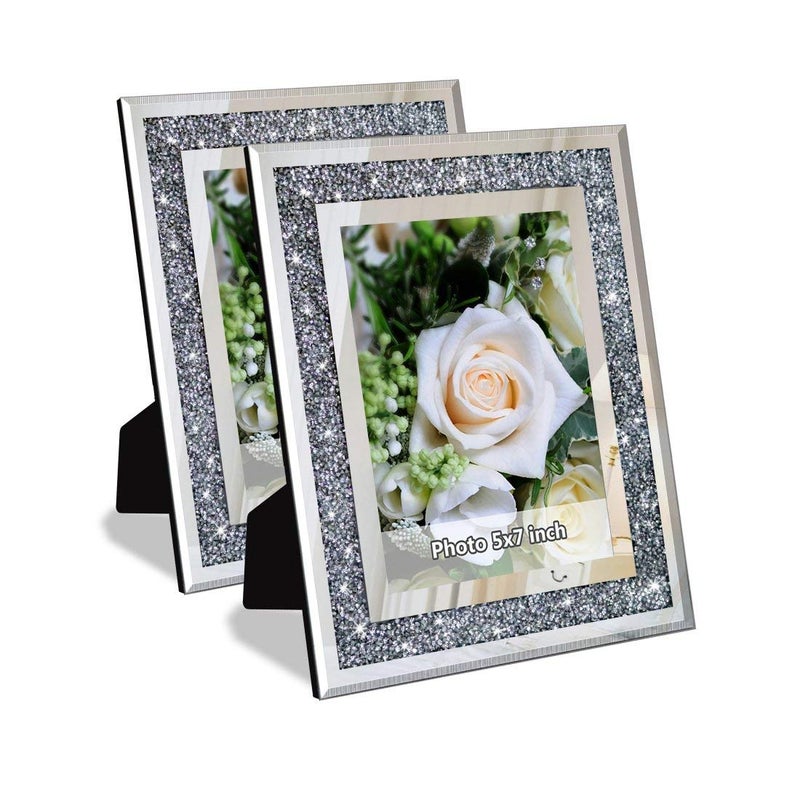 ALLARTONLY Crush Diamond Mirror Photo Frame In Bling Sparkle Crystal Silver Glass Finish For Picture Size 5x7 inch Pack of 2 Piece table top Stand frame  Wall Frame