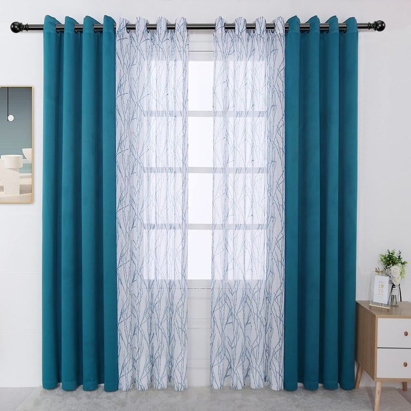 BONZER Mix and Match Curtains  2 Pieces Branch Print Sheer Curtains and 2 Pieces Blackout Curtains for Bedroom Living Room Grommet Window Drapes 54x63 InchPanel Teal Set of 4 Panels