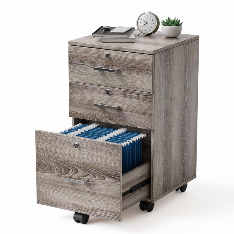 VINGLI 3Drawer File Cabinet with Lock Wood Rolling Filing Cabinets for Home Office Mobile Printer Stand Under Desk File Organizer for Letter Sized Files 26 HCaster IncludedGray Oak