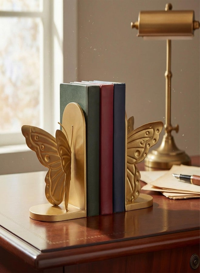 YooNotee 2 Pcs Vintage Butterfly Bookends Metal Butterflies on Stands with Gold Finish, 7" Tall Heavy Duty Decorative Book Ends, Book Stopper Holder Decor for Desk Home Office Shelf Decorations - Image 4