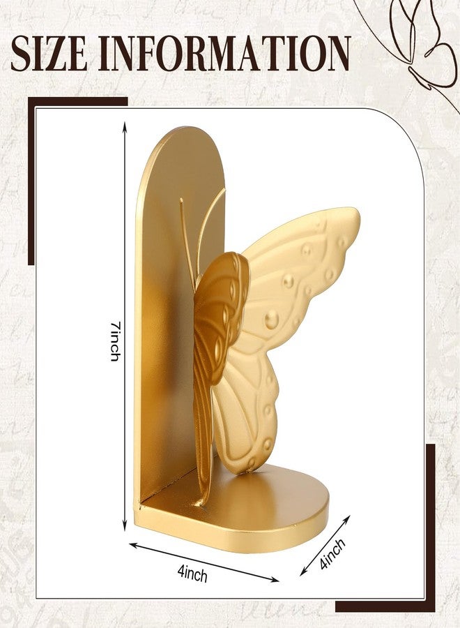 YooNotee 2 Pcs Vintage Butterfly Bookends Metal Butterflies on Stands with Gold Finish, 7" Tall Heavy Duty Decorative Book Ends, Book Stopper Holder Decor for Desk Home Office Shelf Decorations - Image 2