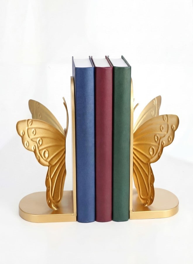 YooNotee 2 Pcs Vintage Butterfly Bookends Metal Butterflies on Stands with Gold Finish, 7" Tall Heavy Duty Decorative Book Ends, Book Stopper Holder Decor for Desk Home Office Shelf Decorations - Image 1