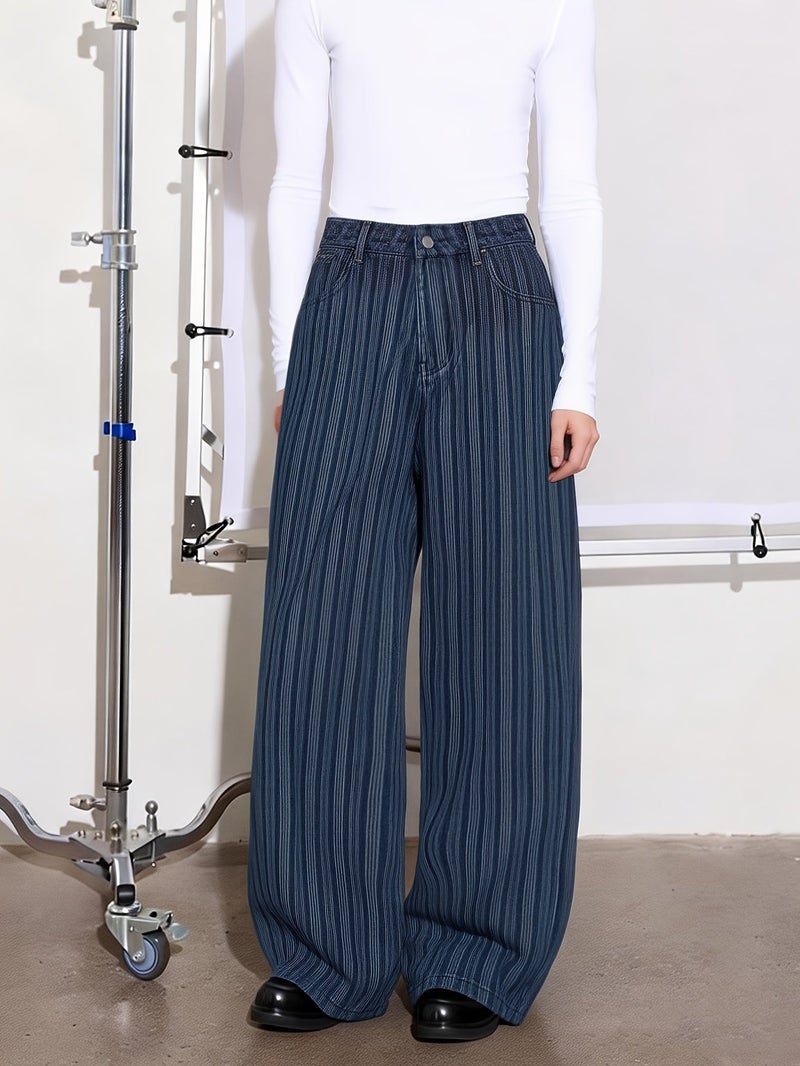Men'S High-Quality New Blue Vertical Striped Loose-Fit Wide-Leg Jeans, Casual Urban Non-Stretch Denim Pants, Suitable for All Seasons - Image 4