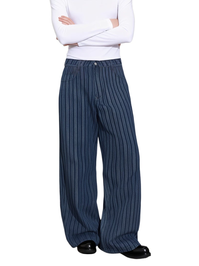 Men'S High-Quality New Blue Vertical Striped Loose-Fit Wide-Leg Jeans, Casual Urban Non-Stretch Denim Pants, Suitable for All Seasons - Image 1