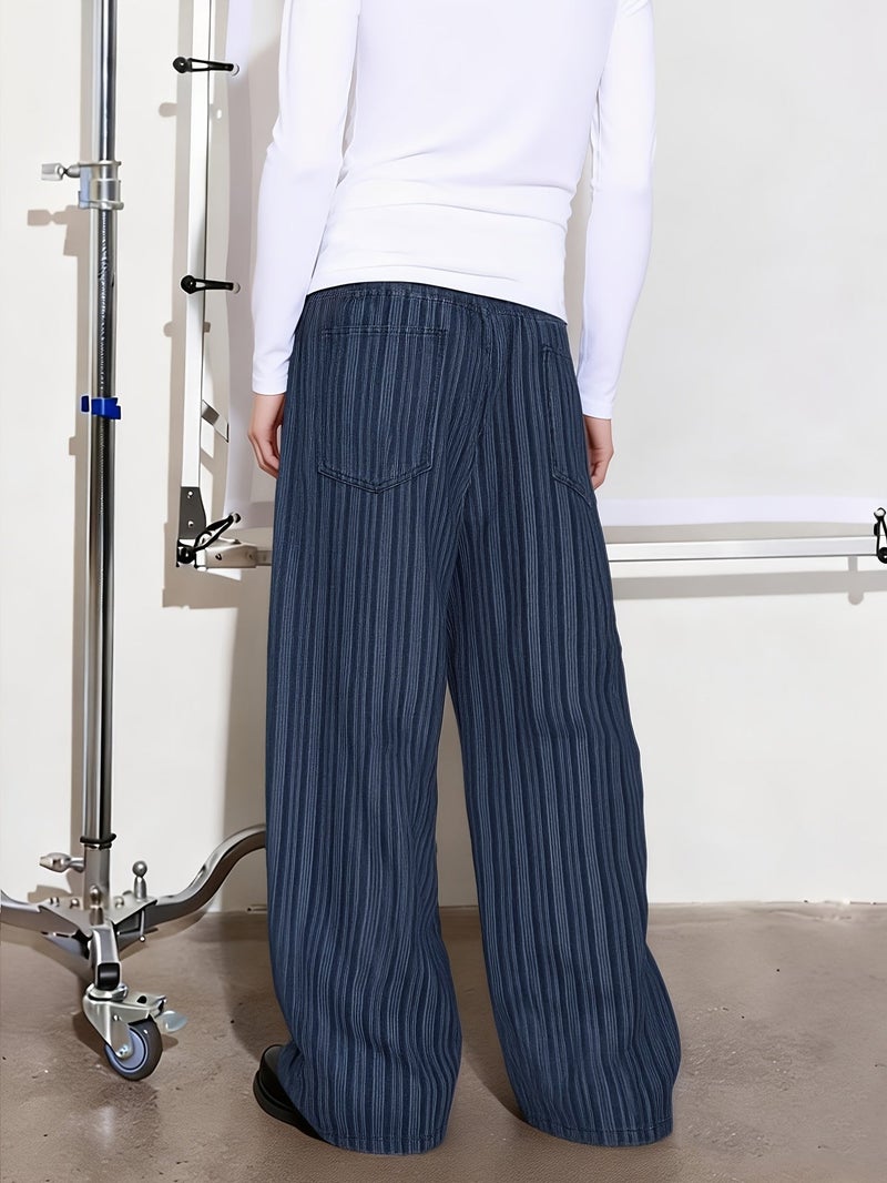 Men'S High-Quality New Blue Vertical Striped Loose-Fit Wide-Leg Jeans, Casual Urban Non-Stretch Denim Pants, Suitable for All Seasons - Image 5