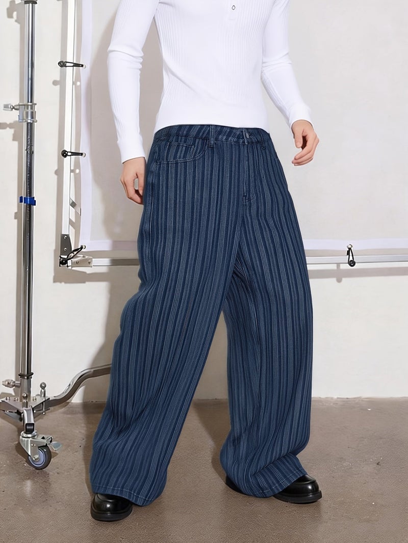Men'S High-Quality New Blue Vertical Striped Loose-Fit Wide-Leg Jeans, Casual Urban Non-Stretch Denim Pants, Suitable for All Seasons - Image 2