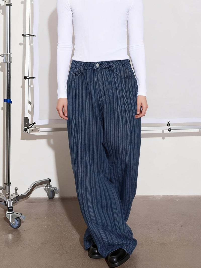 Men'S High-Quality New Blue Vertical Striped Loose-Fit Wide-Leg Jeans, Casual Urban Non-Stretch Denim Pants, Suitable for All Seasons - Image 3