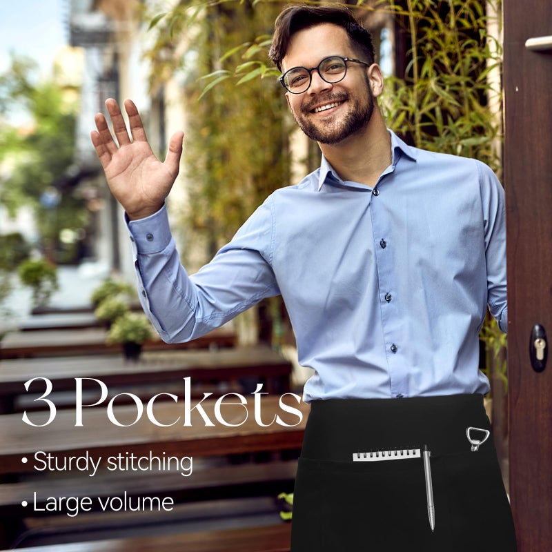NLUS 3 Pack Server Aprons with 3 Pockets, Water Oil Stain Resistant Waitress Waiter Apron Black Waist Aprons Bistro Apron for Women Men, 24 X 12 inch - Image 5