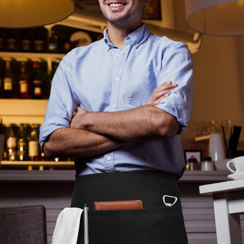 NLUS 3 Pack Server Aprons with 3 Pockets, Water Oil Stain Resistant Waitress Waiter Apron Black Waist Aprons Bistro Apron for Women Men, 24 X 12 inch - Image 2
