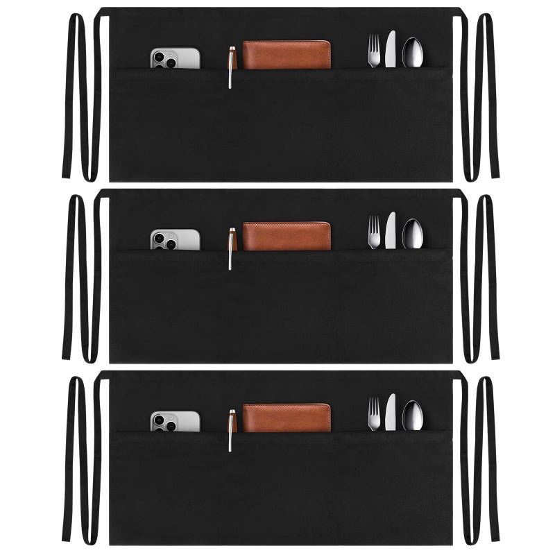 NLUS 3 Pack Server Aprons with 3 Pockets, Water Oil Stain Resistant Waitress Waiter Apron Black Waist Aprons Bistro Apron for Women Men, 24 X 12 inch - Image 1