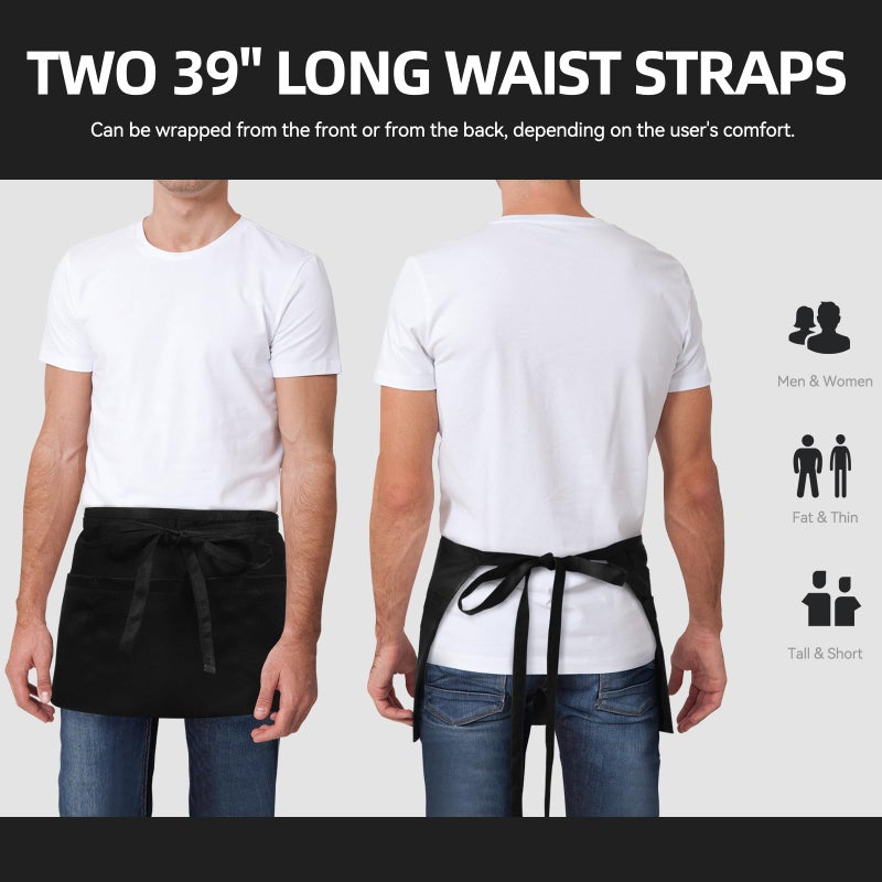NLUS 3 Pack Server Aprons with 3 Pockets, Water Oil Stain Resistant Waitress Waiter Apron Black Waist Aprons Bistro Apron for Women Men, 24 X 12 inch - Image 3