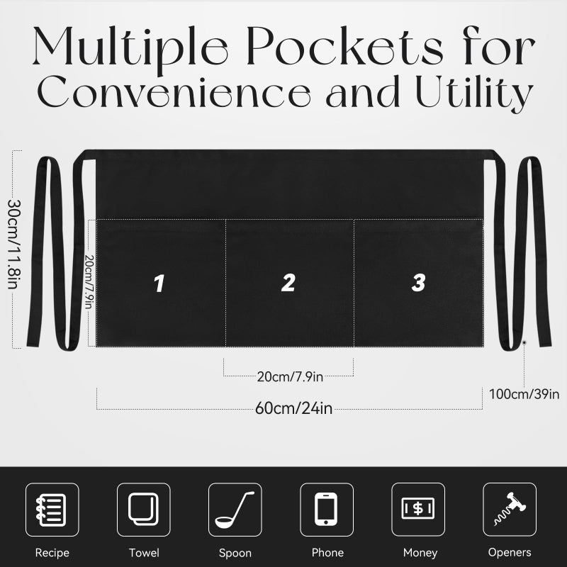 NLUS 3 Pack Server Aprons with 3 Pockets, Water Oil Stain Resistant Waitress Waiter Apron Black Waist Aprons Bistro Apron for Women Men, 24 X 12 inch - Image 4