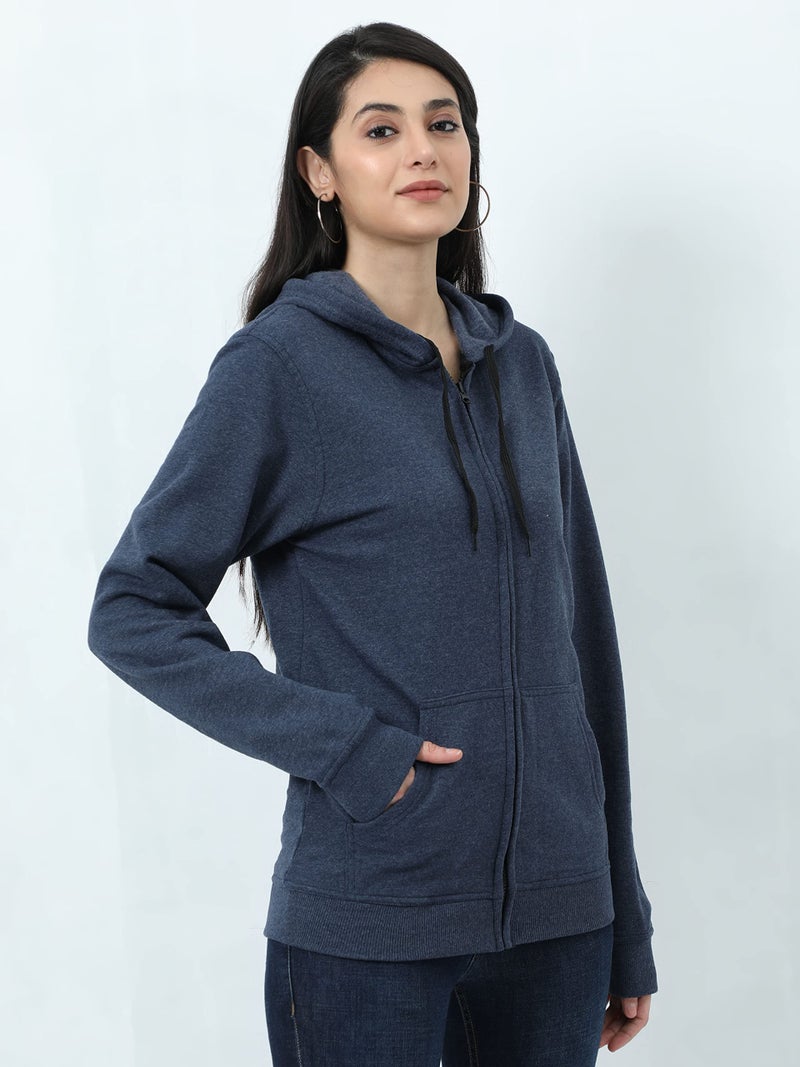 Wafaa Women's Cotton Plain Hooded Neck Full Zipper Navy Melange Color Sweatshirt Hoodies With Kangaroo Pocket, Medium - Regular - Image 5