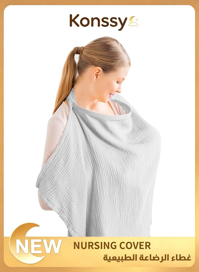 Konssy Muslin Nursing Cover for Baby Breastfeeding, Breathable 100% Cotton Breastfeeding Cover with Rigid Hoop for Mother Nursing Apron, Multi-use Carseat Canopy (Grey) (BRJ06) - Image 1