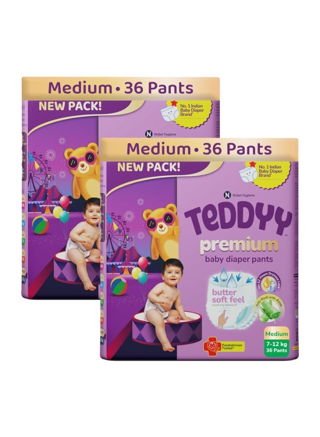 Teddyy Premium Baby Diaper M size, Pant Style | Medium (7-12 kg), 36 Pants | pack of 2, Butter Soft Feel, Anti-Rash with Aloe Vera, 12 Hours Dryness Lock - Image 1