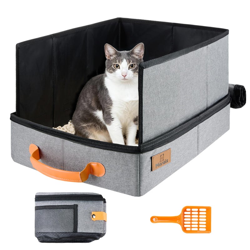 MORAIS Portable Travel Litter Box for Cats, 17.7"Ã—13.5"Ã—11" Collapsible Cat Litter Box with Lid, Leak-Proof Cat Litter Pan for Car Hotel Airplane, Waterproof & Easy to Carry- Gray - Image 1