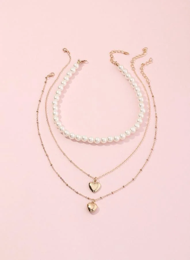 تايك تو Pack of 3 - Girls Faux Pearl and Gold Tone Heart Pendant Necklaces