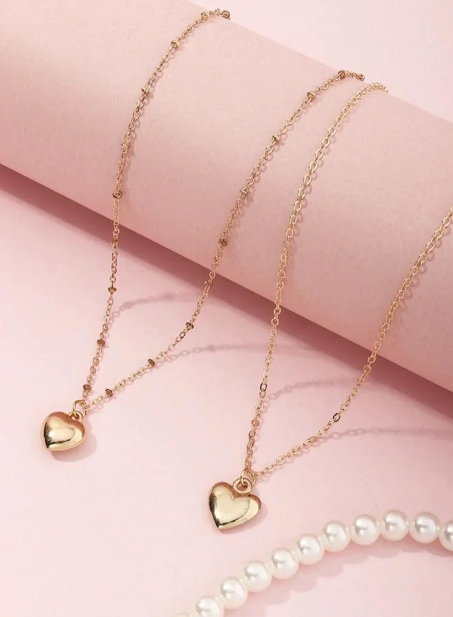 تايك تو Pack of 3 - Girls Faux Pearl and Gold Tone Heart Pendant Necklaces