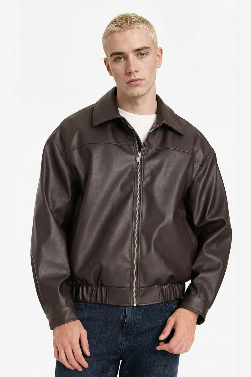Defacto  Oversize Fit Zip-Up Faux Leather Jacket for Men | Best Price UAE