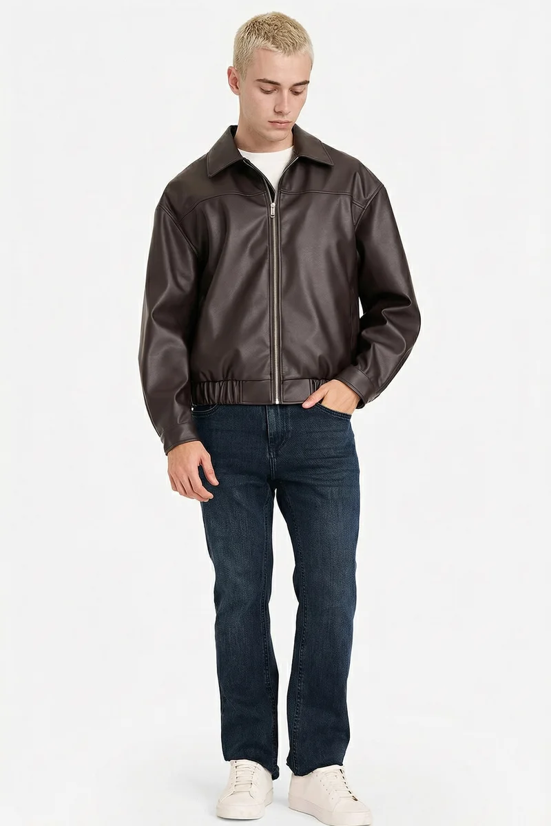 Defacto  Oversize Fit Zip-Up Faux Leather Jacket for Men | Best Price UAE