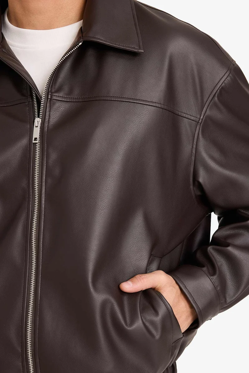 Defacto  Oversize Fit Zip-Up Faux Leather Jacket for Men | Best Price UAE