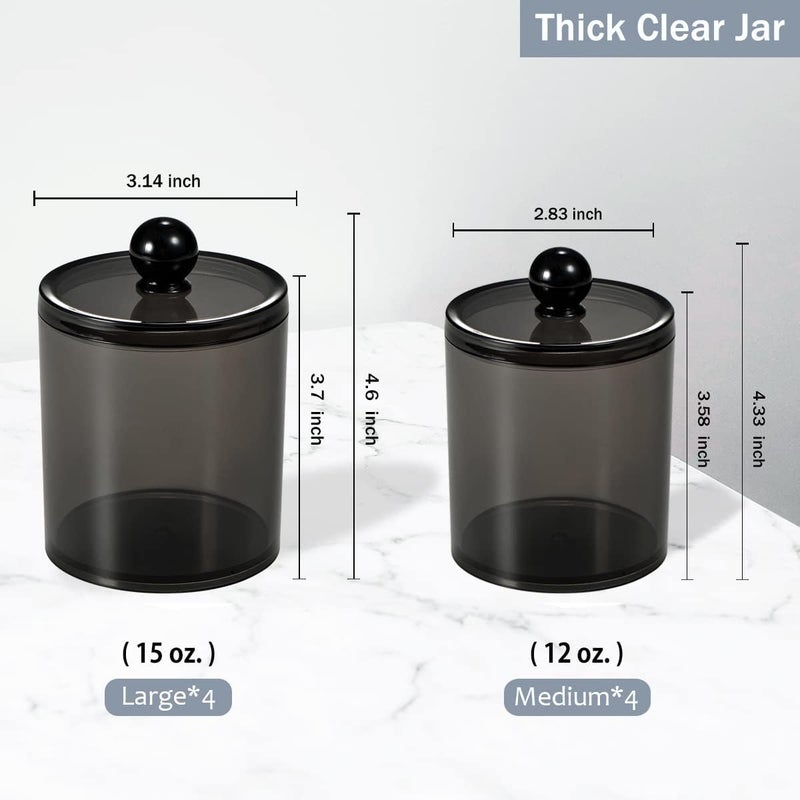 SheeChung 8 Pack Qtip Dispenser Apothecary Jars Bathroom Set with Labels Black Plastic Qtip Holder Storage Set for Cotton Ball, Swab, Rounds,Floss Picks,Hair Clips,Hair Ties(Black) - Image 5