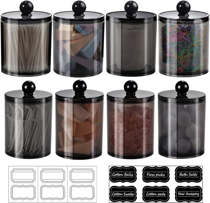 SheeChung 8 Pack Qtip Dispenser Apothecary Jars Bathroom Set with Labels Black Plastic Qtip Holder Storage Set for Cotton Ball, Swab, Rounds,Floss Picks,Hair Clips,Hair Ties(Black) - Image 1