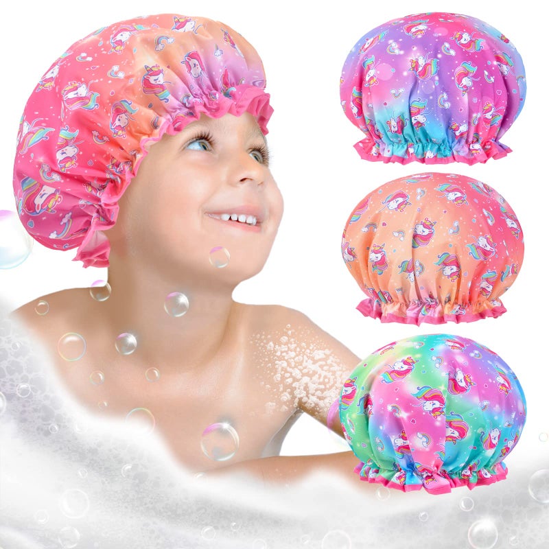 Unicorn Kids Shower Cap Set 3 Pcs Rainbow Hair Caps Wide Elastic Band Reusable Waterproof Toddler Bath Cap Large for Girls  Women