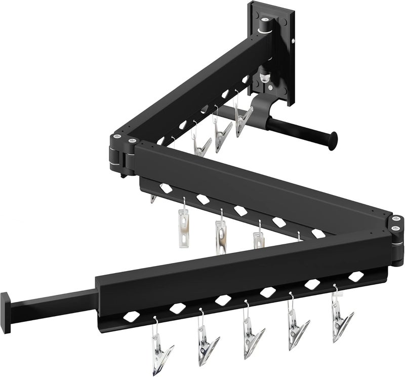 HEILAIYI Wall Mounted Clothes Hanger,Clothes Drying Rack,Laundry Drying Rack,Clothes Rack,Laundry Rack Wall Mount,Retractable Collapsible Drying Rack Clothing (Windproof Holes,with Clips),Black - Image 1