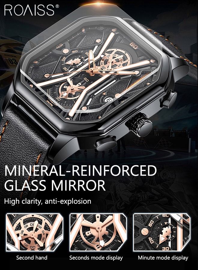 رويس ساعة كوارتز بسوار جلدي للرجال، ساعة كرونوغراف بمينا أسود مربع مع تصميم ميكانيكي مجوف، ساعة مضيئة مقاومة للماء كهدية للرجال - Image 4