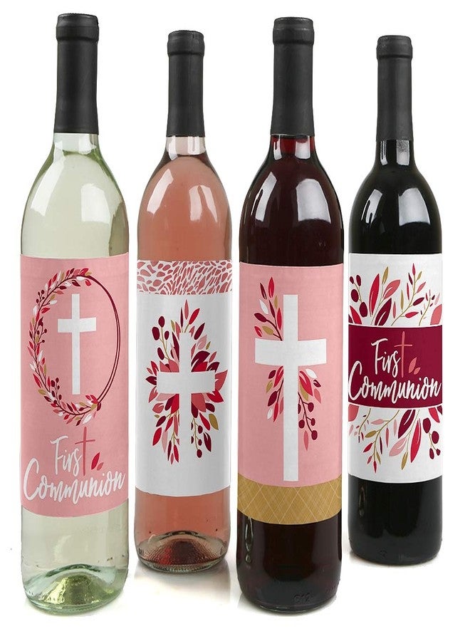 Big Dot of Happiness First Communion Pink Elegant Cross - Girl Religious Party Decorations for Women and Men - Wine Bottle Label Stickers - Set of 4 - Image 1