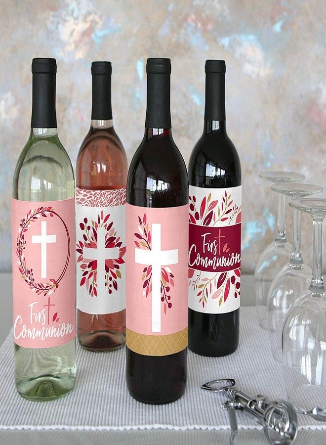 Big Dot of Happiness First Communion Pink Elegant Cross - Girl Religious Party Decorations for Women and Men - Wine Bottle Label Stickers - Set of 4 - Image 2