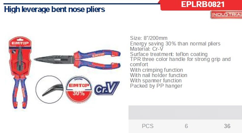 EMTOP EMTOP MBTstore EPLRB0821 High Leverage Bent Nose Pliers 200mm 30 Energy Saving CrV Steel Teflon Coating TPR Handle  - Image 3