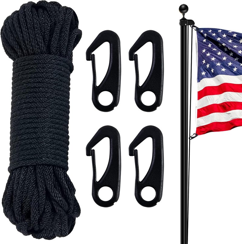 NQ Flag Pole Rope Kit - 50 Feet x 1/4" Diameter Flag Pole Halyard Nylon Rope with 4 Pieces Flag Pole Hook Clips - Outdoor Flagpole Accessories, Rope for Clothesline, Swing, Camping (50FT, Black) - Image 1