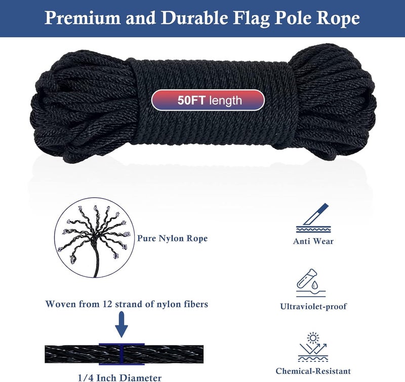 NQ Flag Pole Rope Kit - 50 Feet x 1/4" Diameter Flag Pole Halyard Nylon Rope with 4 Pieces Flag Pole Hook Clips - Outdoor Flagpole Accessories, Rope for Clothesline, Swing, Camping (50FT, Black) - Image 3