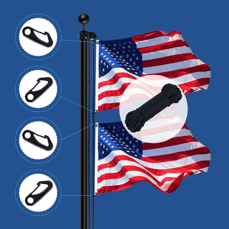 NQ Flag Pole Rope Kit - 50 Feet x 1/4" Diameter Flag Pole Halyard Nylon Rope with 4 Pieces Flag Pole Hook Clips - Outdoor Flagpole Accessories, Rope for Clothesline, Swing, Camping (50FT, Black) - Image 2