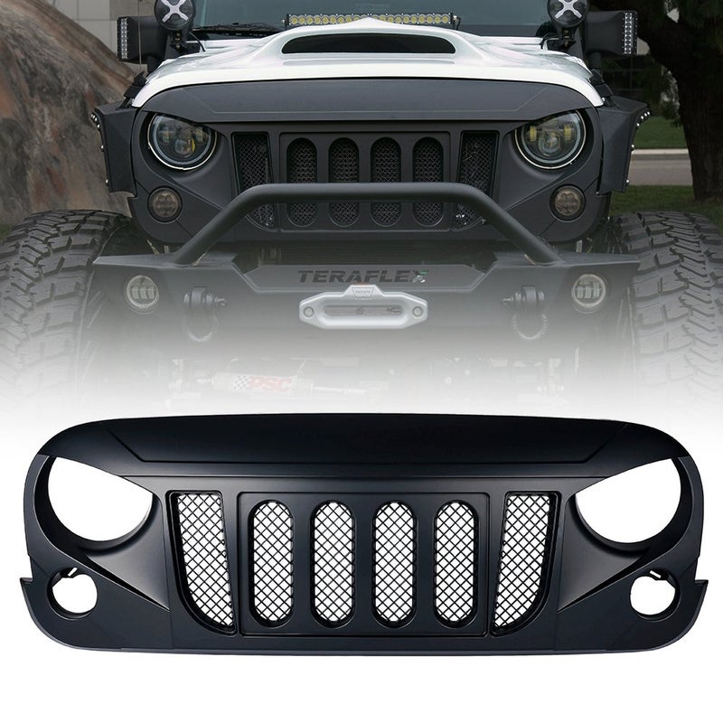 Xprite Front Matte Black Transformer Grille Grid Grill W/Mesh Compatible with 2007-2018 Jeep Wrangler Rubicon Sahara Sport JK - Image 1