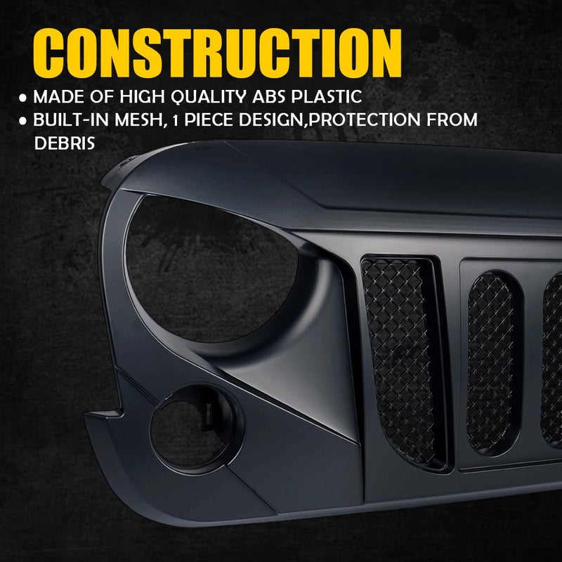Xprite Front Matte Black Transformer Grille Grid Grill W/Mesh Compatible with 2007-2018 Jeep Wrangler Rubicon Sahara Sport JK - Image 3