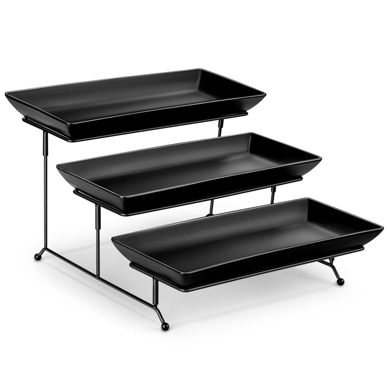 MALACASA 3 Tier Serving Trays for Party Stoneware Serving Platters and Trays 14 Inch Tiered Tray Stand Fruit Tray Trays for Serving Food Black Dessert Stand with Collapsible Sturdier Metal Rack